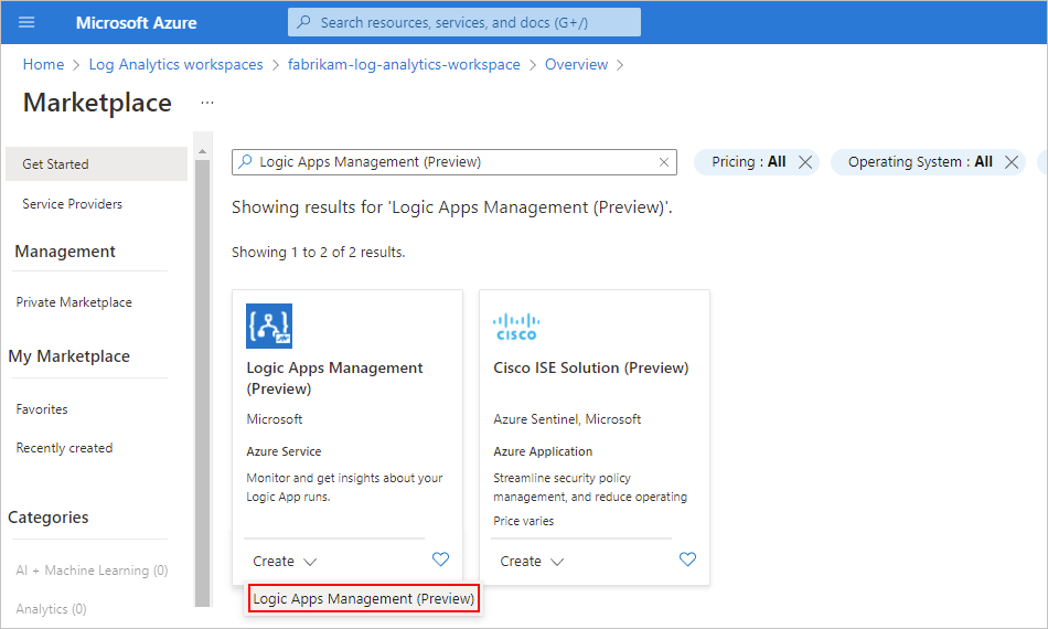 Screenshot des Azure-Portals: Kachel „Logic&nbsp;Apps-Verwaltung“ auf der Seite „Marketplace“ mit geöffneter Liste „Erstellen“ und Auswahl von „Logic&nbsp;Apps-Verwaltung (Vorschau)“.