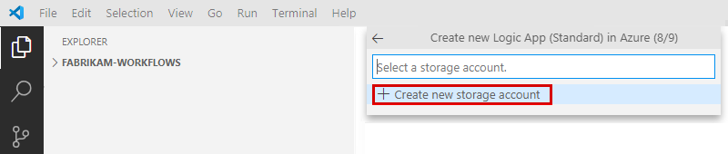 Screenshot, der den Bereich „Azure: Logic Apps (Standard)“und eine Aufforderung zum Erstellen oder Auswählen eines Speicherkontos zeigt.