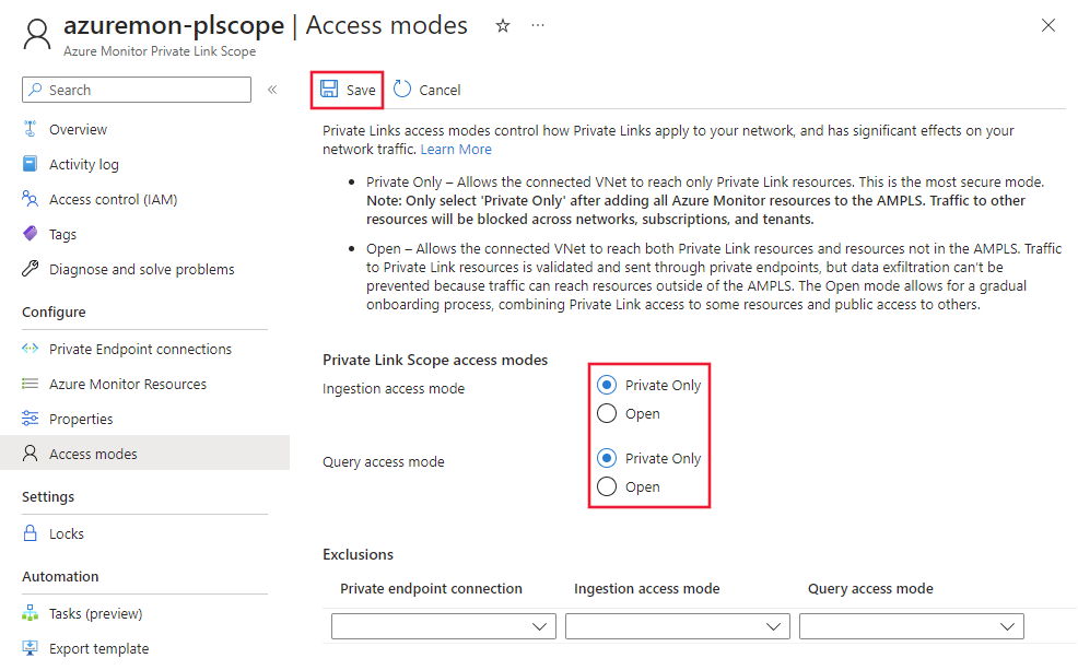 Screenshot: Zugriffsmodi des Private Link Scope.