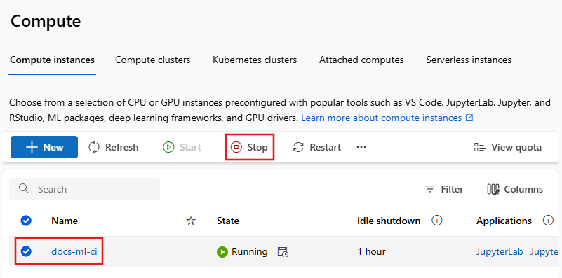 Screenshot der Schaltfläche „Stop“ für die Compute-Instanz