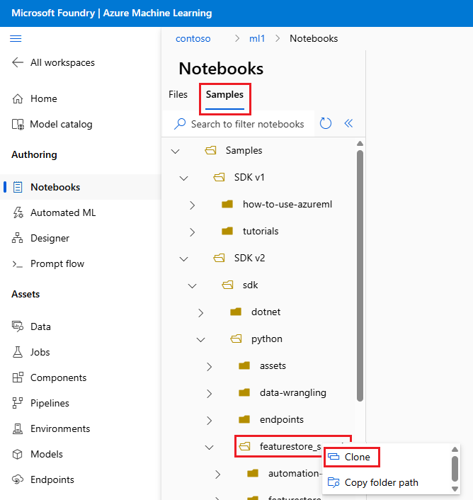 Screenshot, der die Auswahl des Beispielverzeichnisses in Azure Machine Learning Studio zeigt.