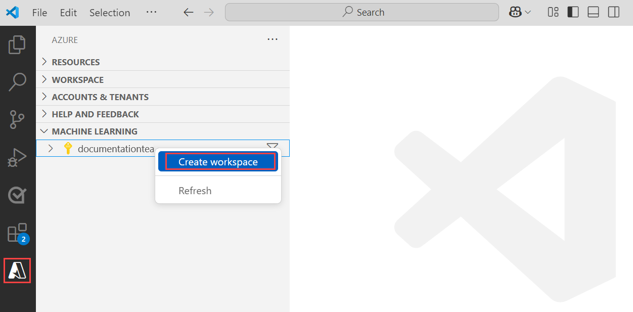 Screenshot der Option zum Erstellen eines Arbeitsbereichs.