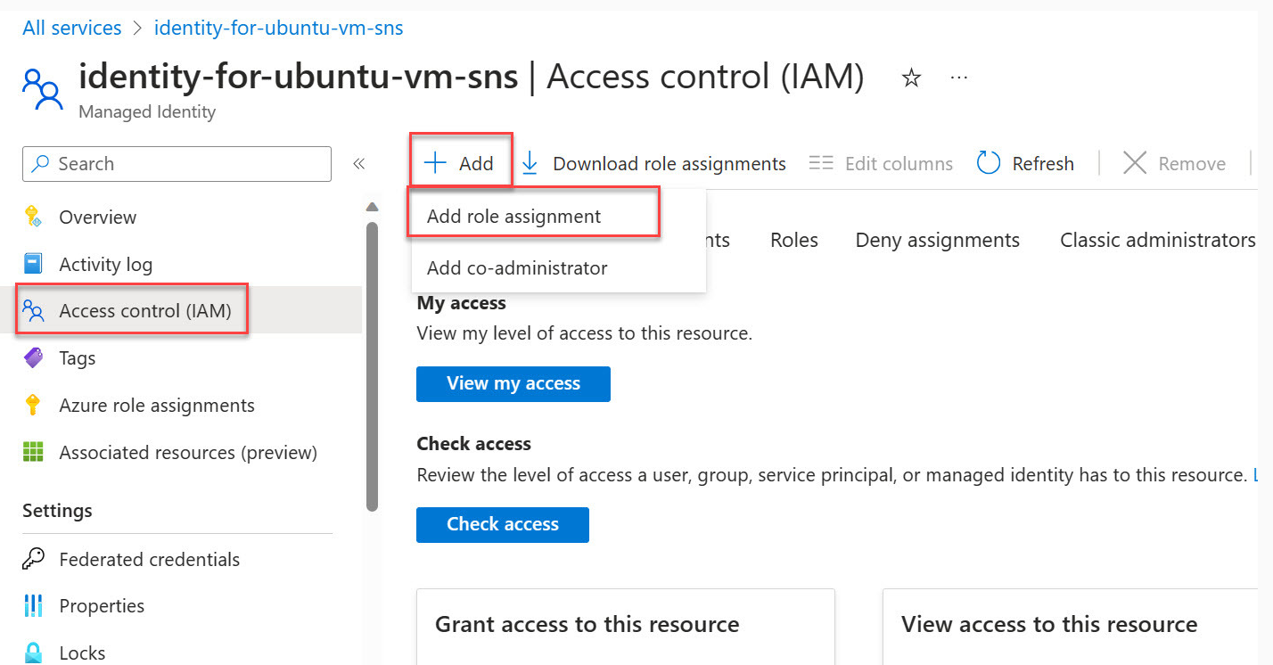 Screenshot: Identität für Ubuntu-VM-SNS zum Hinzufügen der Rollenzuweisung.