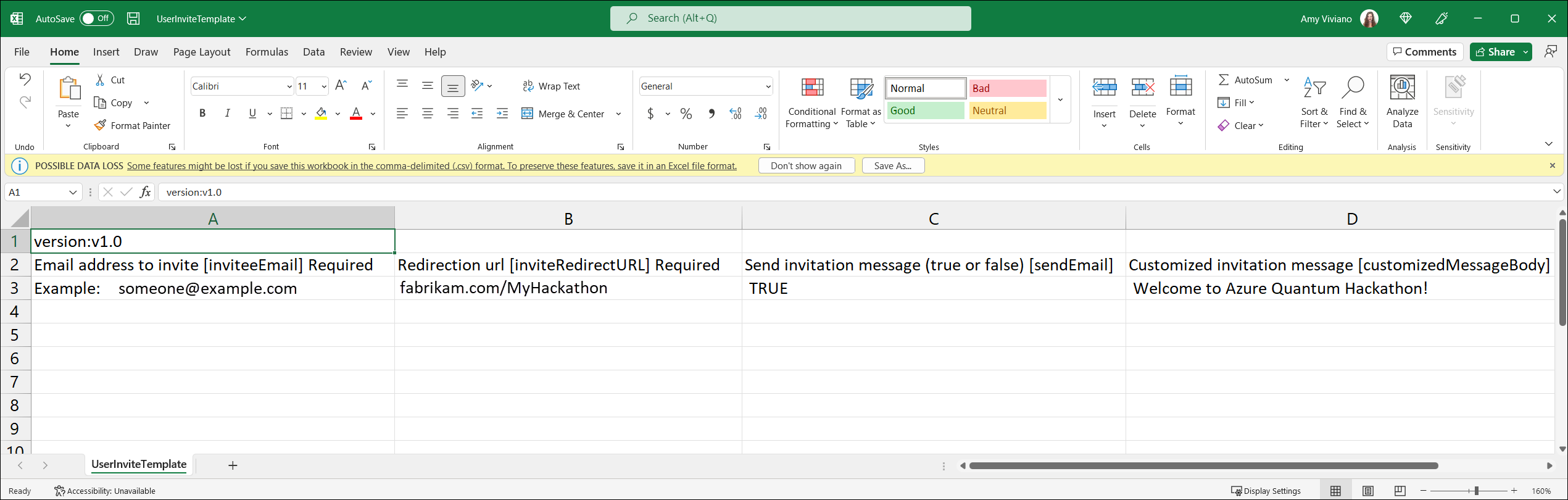 Screenshot: CSV-Vorlage für die E-Mail-Adressen der Benutzenden und eine benutzerdefinierte Einladungsnachricht