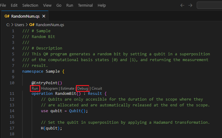 Screenshot der Q#-Datei in Visual Studio Code, die zeigt, wo die Code-Linse mit den Befehlen Ausführen und Debuggen zu finden ist.