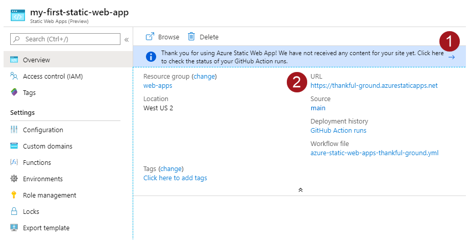Screenshot des Übersichtsfensters für Azure Static Web Apps.
