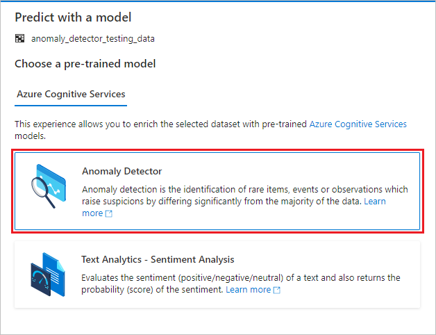 Screenshot: Auswahl von „Anomaly Detector“ als Modell