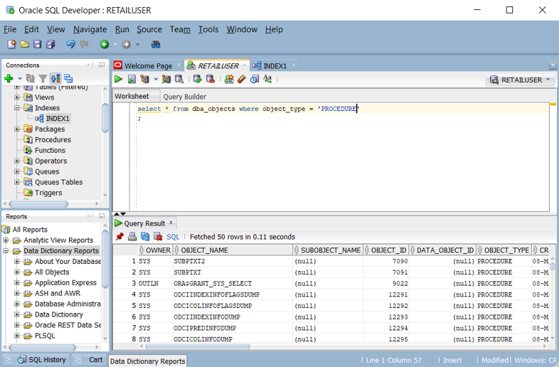 Screenshot: Abfragen einer Liste von gespeicherten Prozeduren in Oracle SQL Developer