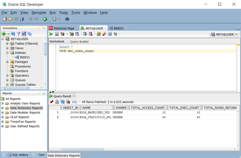 Screenshot: Herausfinden, welche Indizes in Oracle SQL Developer verwendet werden