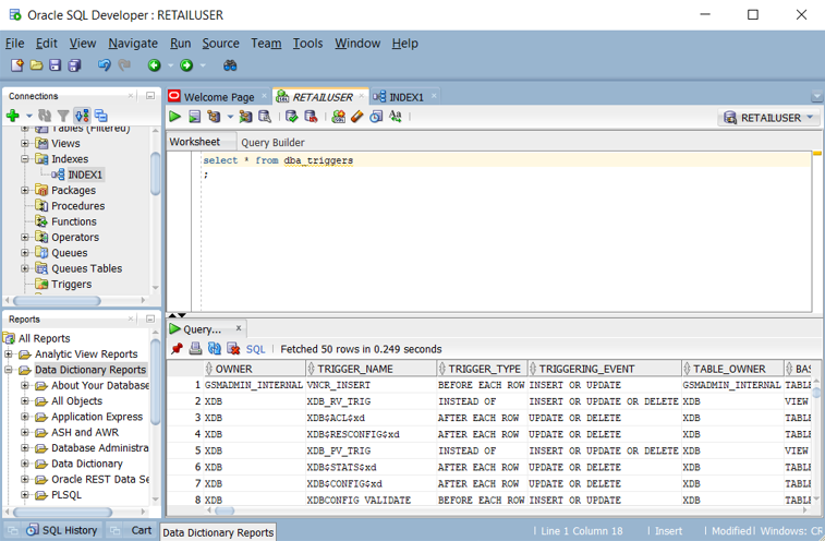 Screenshot: Abfragen einer Liste von Triggern in Oracle SQL Developer