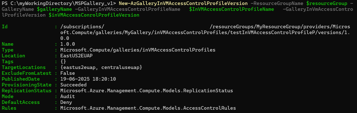 Screenshot der Erstellung von InVMAccessControlProfileVersion.