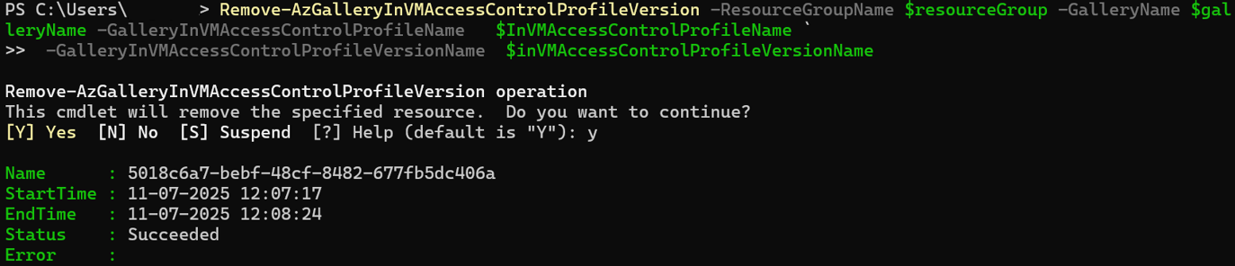 Screenshot des Beispiels zum Löschen von InVMAccessControlProfileVersion.