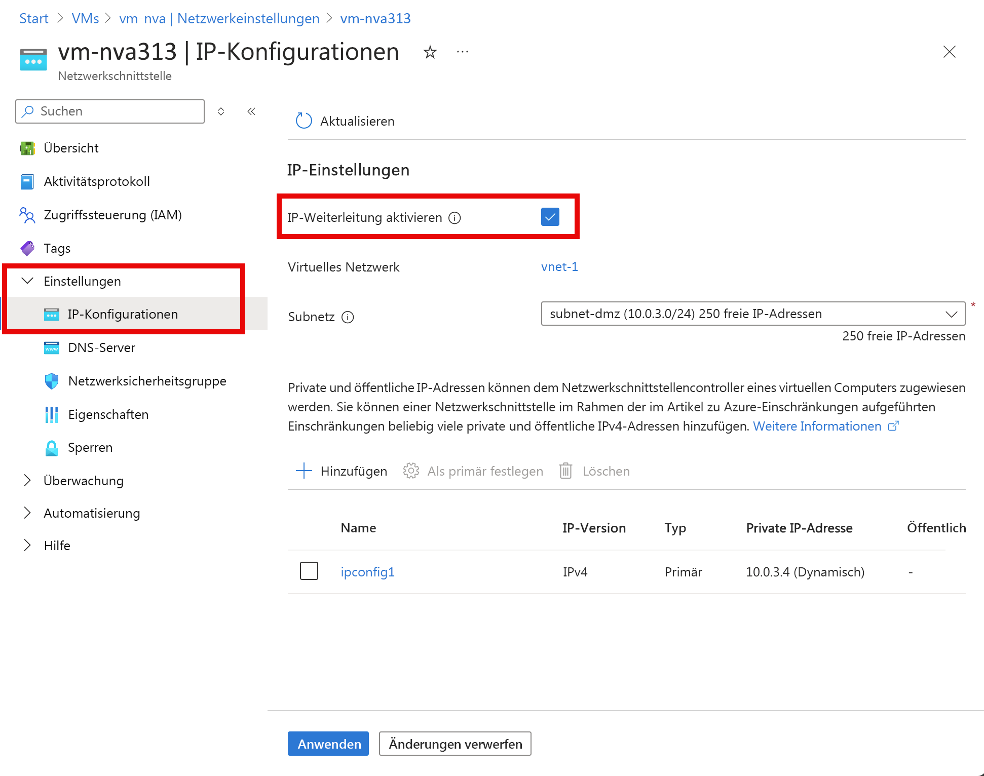 Screenshot: Aktivieren der IP-Weiterleitung.