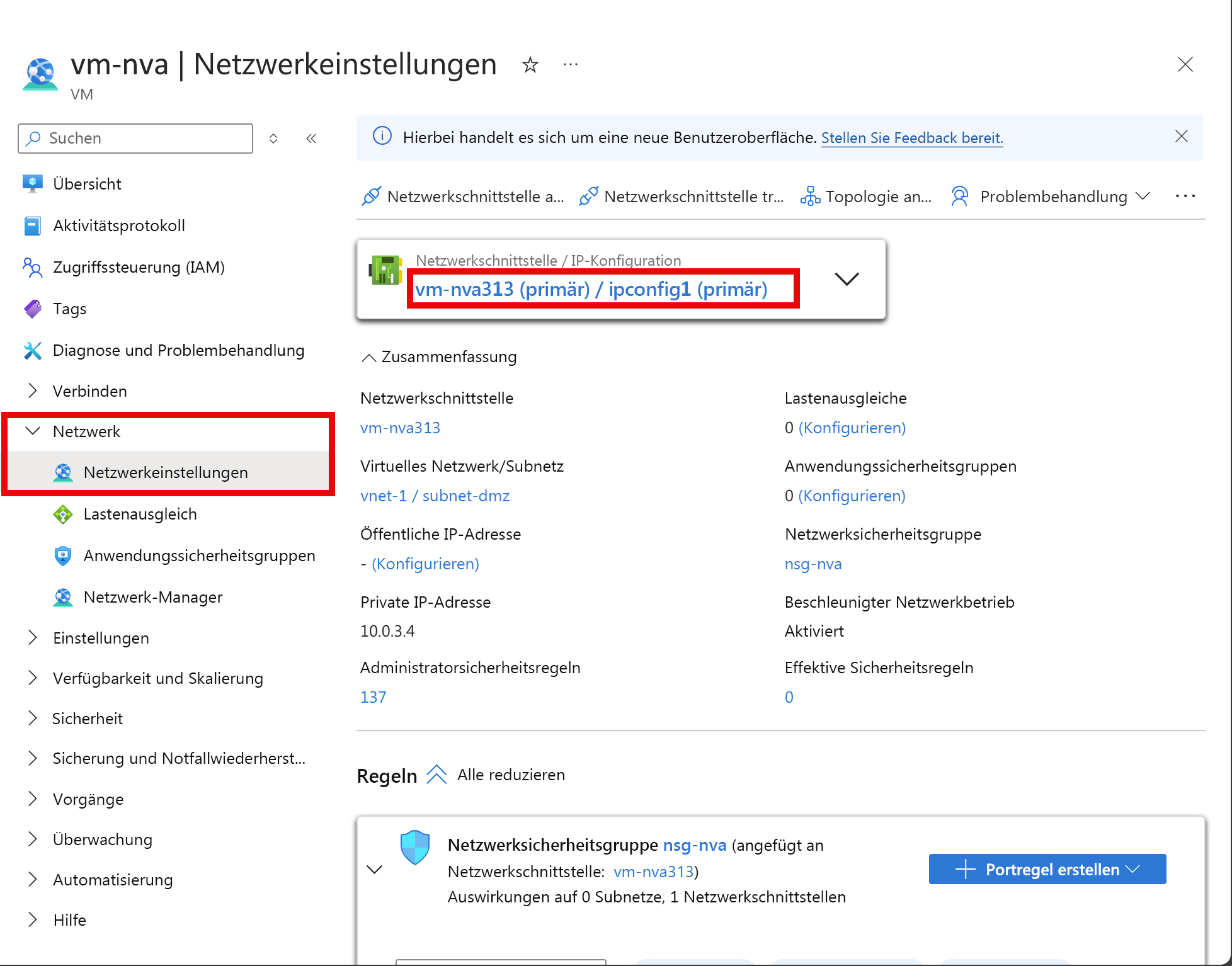 Screenshot: Netzwerkschnittstelle des virtuellen NVA-Computers.