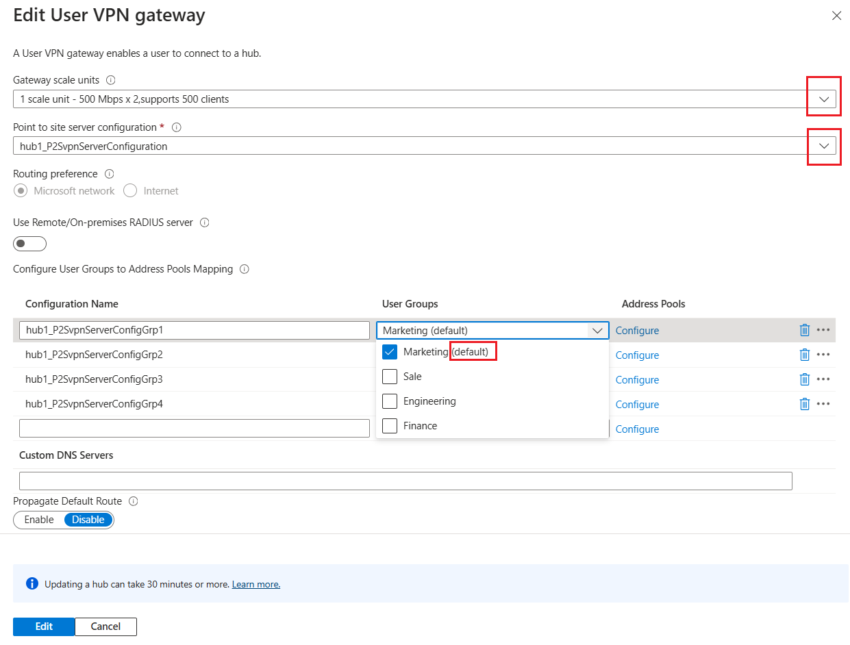 Screenshot: Seite „Benutzer-VPN-Gateway bearbeiten“ mit ausgewählten Gruppen