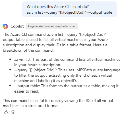 <Screenshot von Copilot in Azure, der ein Azure CLI-Skript erläutert.>