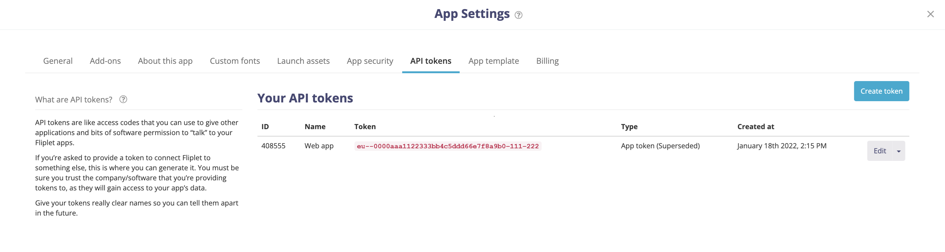 Benutzeroberfläche, auf der das API-Token generiert werden kann