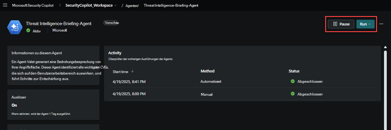 Anhalten oder Ausführen des Agents