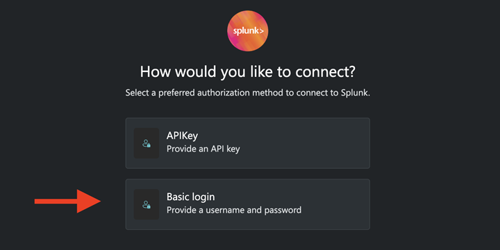 Abbildung der grundlegenden Anmeldemethode zum Herstellen einer Verbindung mit Splunk.