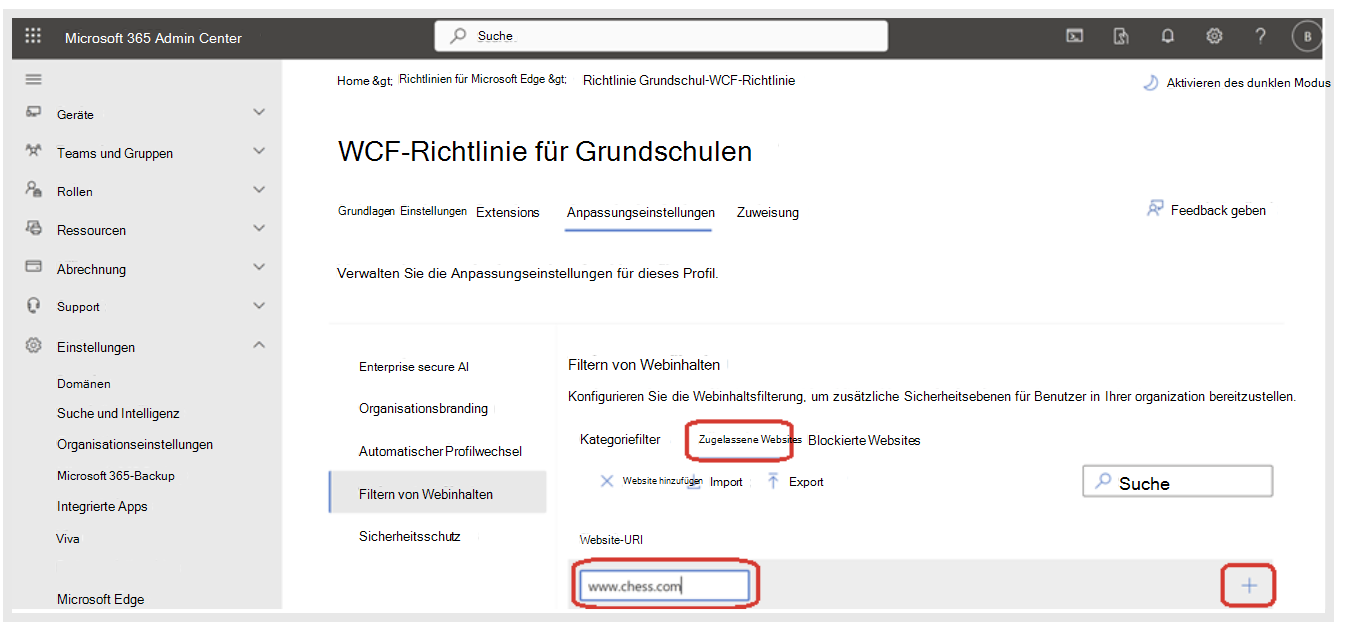 Geben Sie die URL für zulässige Websites unter Webinhaltsfilterung ein.
