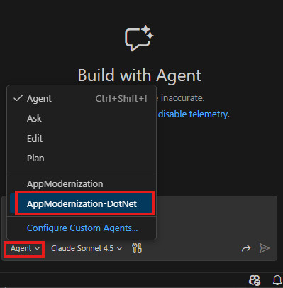 Screenshot zum Auswählen des .NET benutzerdefinierten Agents im Chatfenster.