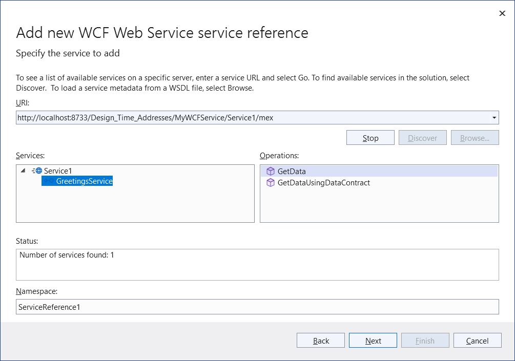 Registerkarte „Dienstendpunkt in Visual Studio“ für .NET Core