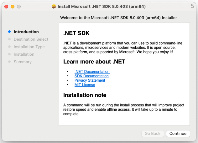 Ein Screenshot zeigt nur den .NET-Installer, der auf macOS ausgeführt wird.