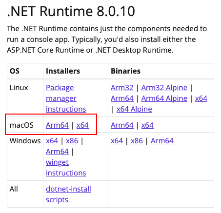 Ein Screenshot, der nur die .NET-Runtime-Downloadtabelle von der .NET-Download-Website anzeigt. Die macOS-Zeile ist mit einem roten Rahmen hervorgehoben.