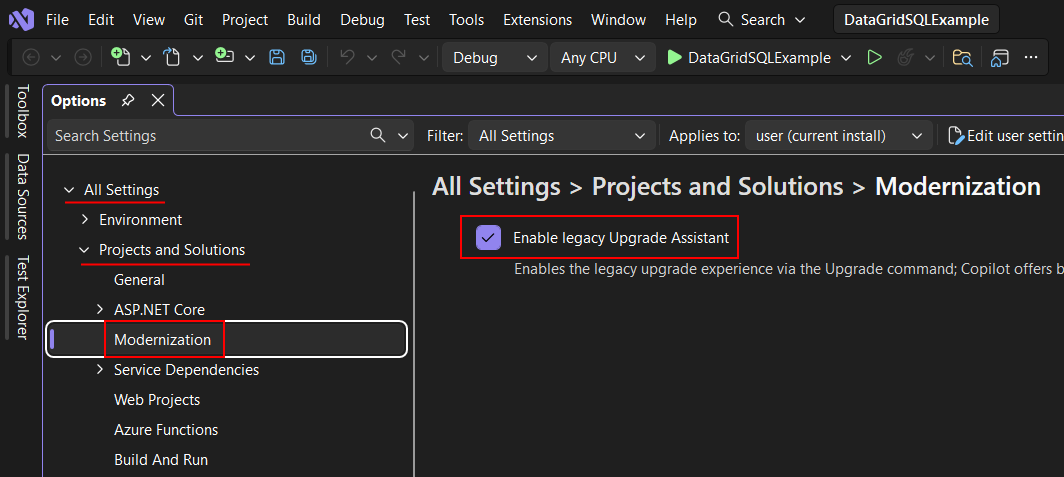 Screenshot des Optionsfensters in Visual Studio, auf dem die Seite 