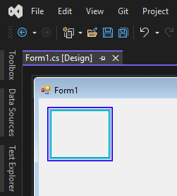 Ein benutzerdefiniertes Steuerelement, das in Visual Studio gerendert wird. Das Steuerelement ist ein leeres Feld mit unterschiedlichen Farben, die es umgrenzen. Jede Farbe wird durch ein einzelnes Pixel festgelegt.