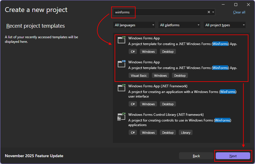 Screenshot des Dialogfelds „Neues Projekt erstellen“ von Visual Studio mit „winforms“ im Suchfeld und hervorgehobenen Windows Forms App-Vorlagen.