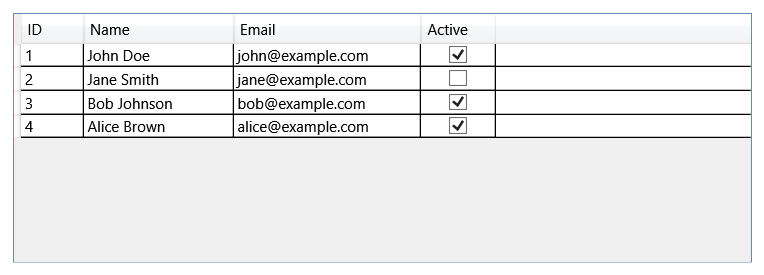 Screenshot eines DataGrid-Steuerelements mit Datenzeilen.