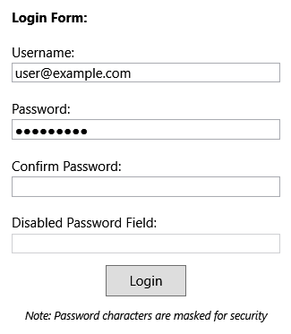 Screenshot mit mehreren Eingabefeldern, bei dem eines ein Passwortmaskierungsformat verwendet.