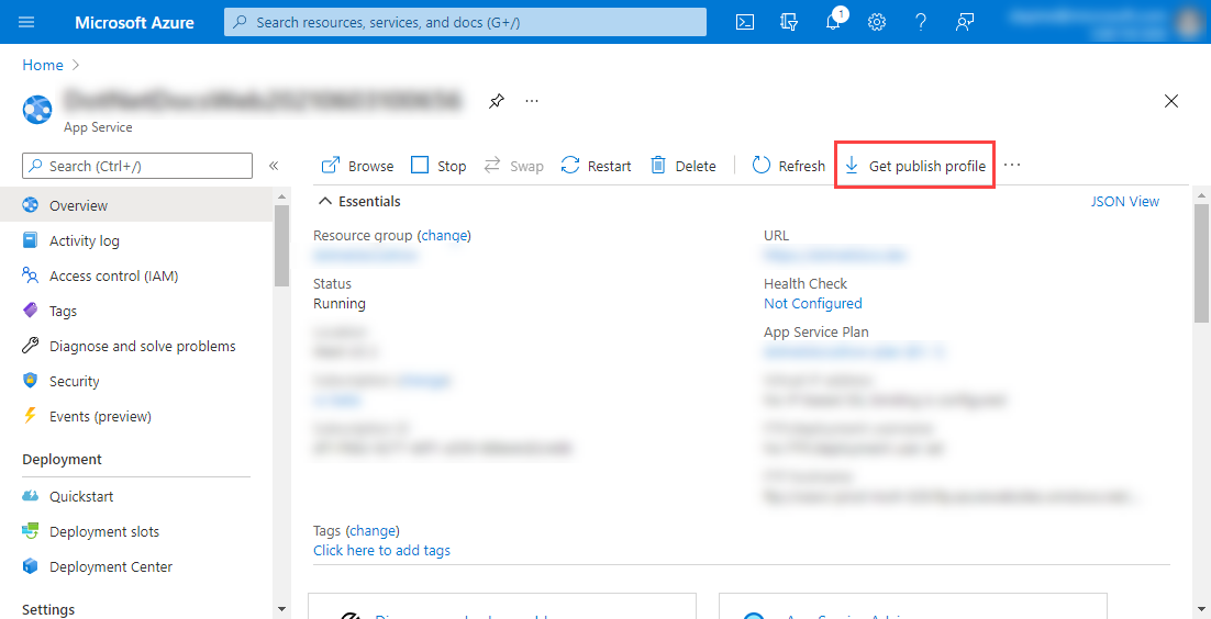 Azure-Portal, App Service-Ressource: Veröffentlichungsprofil abrufen