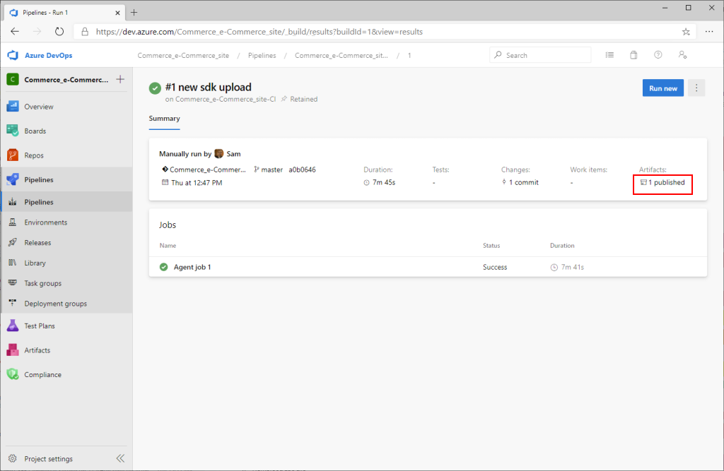Screenshot of Pipeline run page with one published link highlighted.