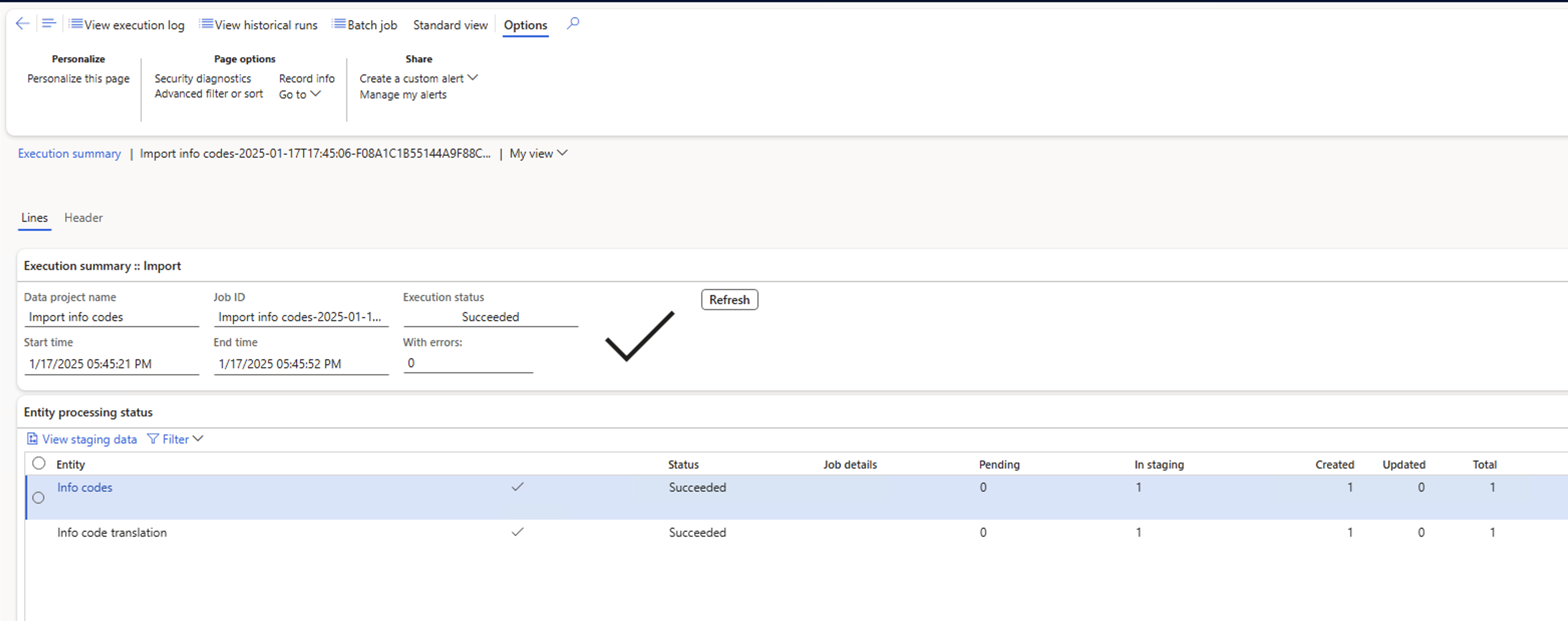 Screenshot des endgültigen Ergebnisformulars, in dem der Status 