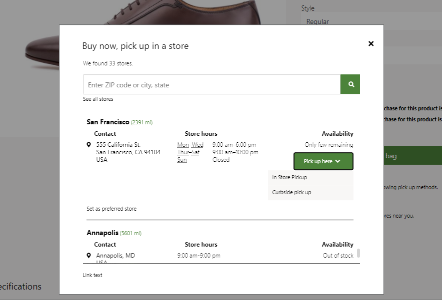 Screenshot der Auswahl einer Pickup-Option im E-Commerce.