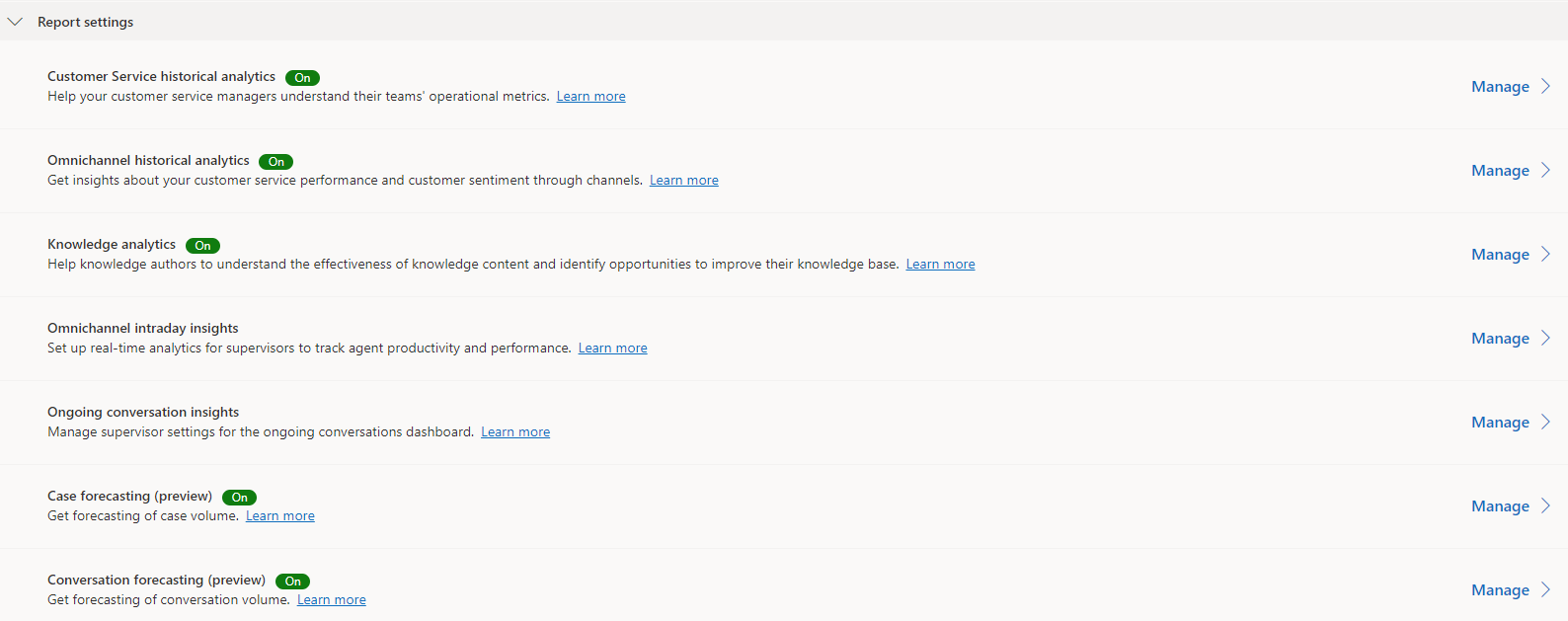 Screenshot der Insights-Seite im Copilot Service Admin Center
