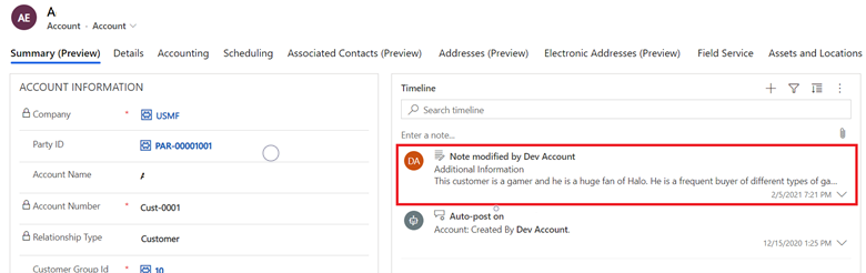 Screenshot einer neuen Notiz in der Kunden-Timeline.
