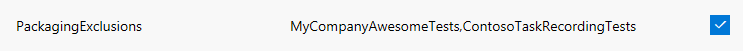 Screenshot of the PackagingExclusions variable value with two excluded packages.