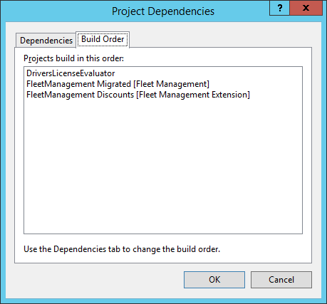 Screenshot of the Project Dependencies dialog box showing project dependencies in Visual Studio.