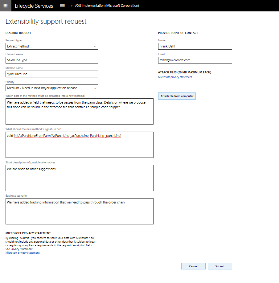 Screenshot of create extensibility support request.