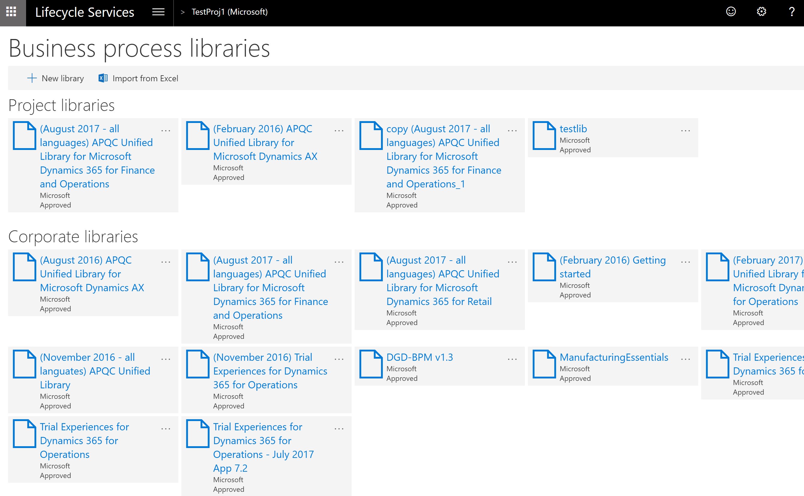 Screenshot of libraries on the Business process libraries page.