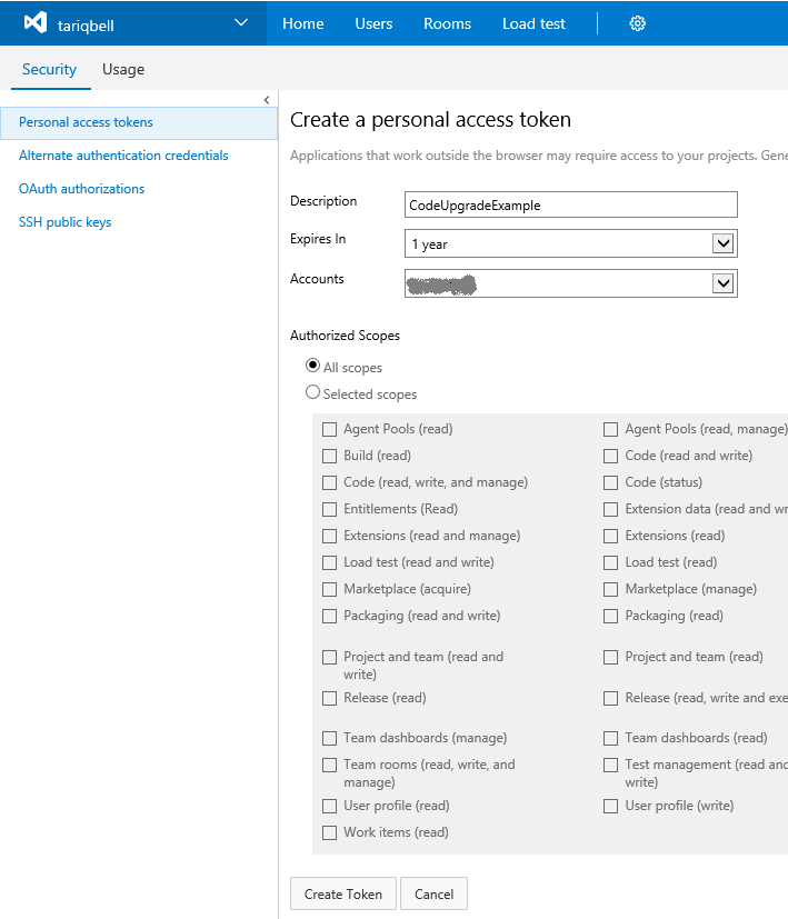 Screenshot of the Code upgrade create token page.