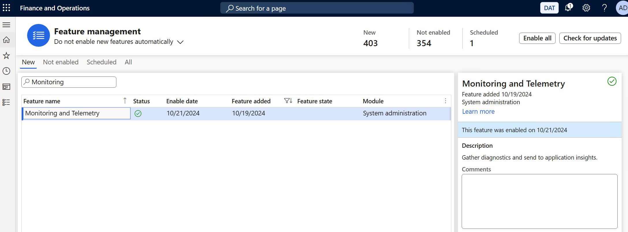 Screenshot of the Monitoring and Telemetry feature enabled in the Feature management workspace.