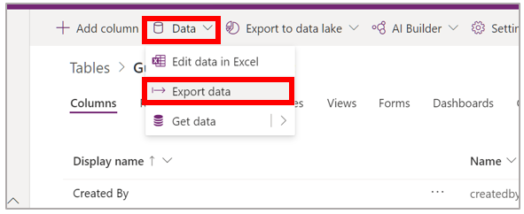Datenmenü mit Auswahl „Daten exportieren“.