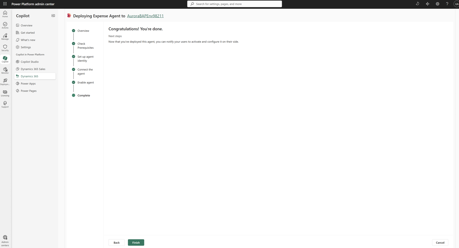 Screenshot der erfolgreichen Bereitstellung des Spesenverwaltungsagenten.