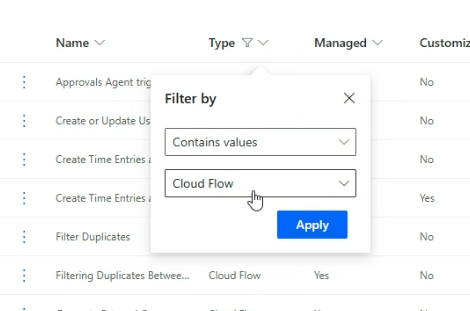 Screenshot, der zeigt, wie Cloud Flows auf der Lösungsseite gefiltert werden.