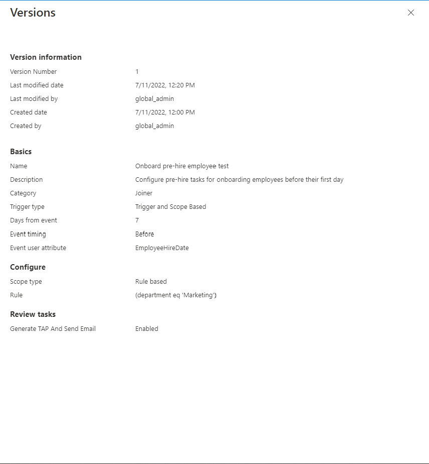Screenshot der Informationen zur Workflow-Versionierung.