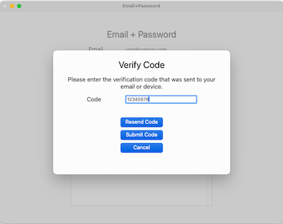 Screenshot der Benutzeraufforderung zum Eingeben einer Einmalkennung (ONE-Time PassCode, OTP) in macOS-App.